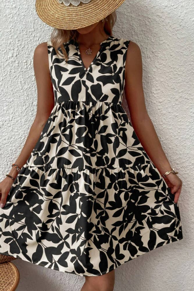 Sleeveless V Neck Flower Print Splicing Dress ZZKF764: Black / S