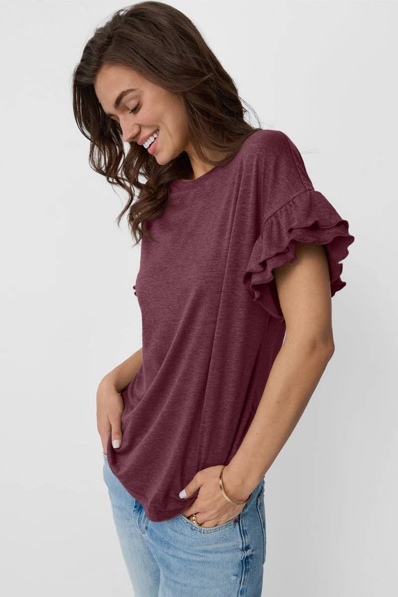 CWTBLS1620_SOLID COLOR ROUND NECK RUFFLE SLEEVE TOP: PEAGREEN / (S) 1
