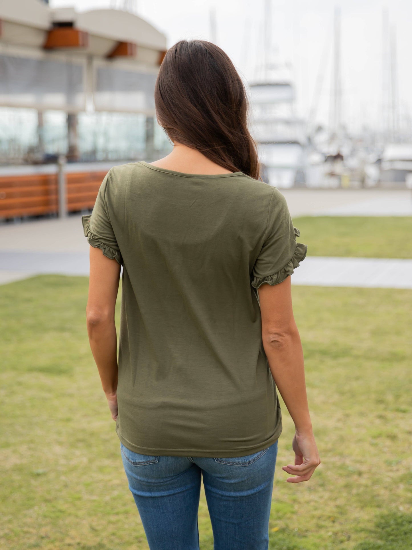 Ruffle Detail Short Sleeve Top: Tan / Medium
