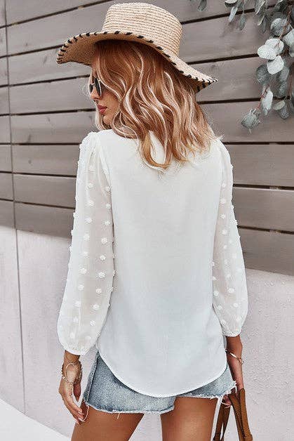 Solid V Neck Lantern Sleeve Swiss Dot Shirt: PINK / L