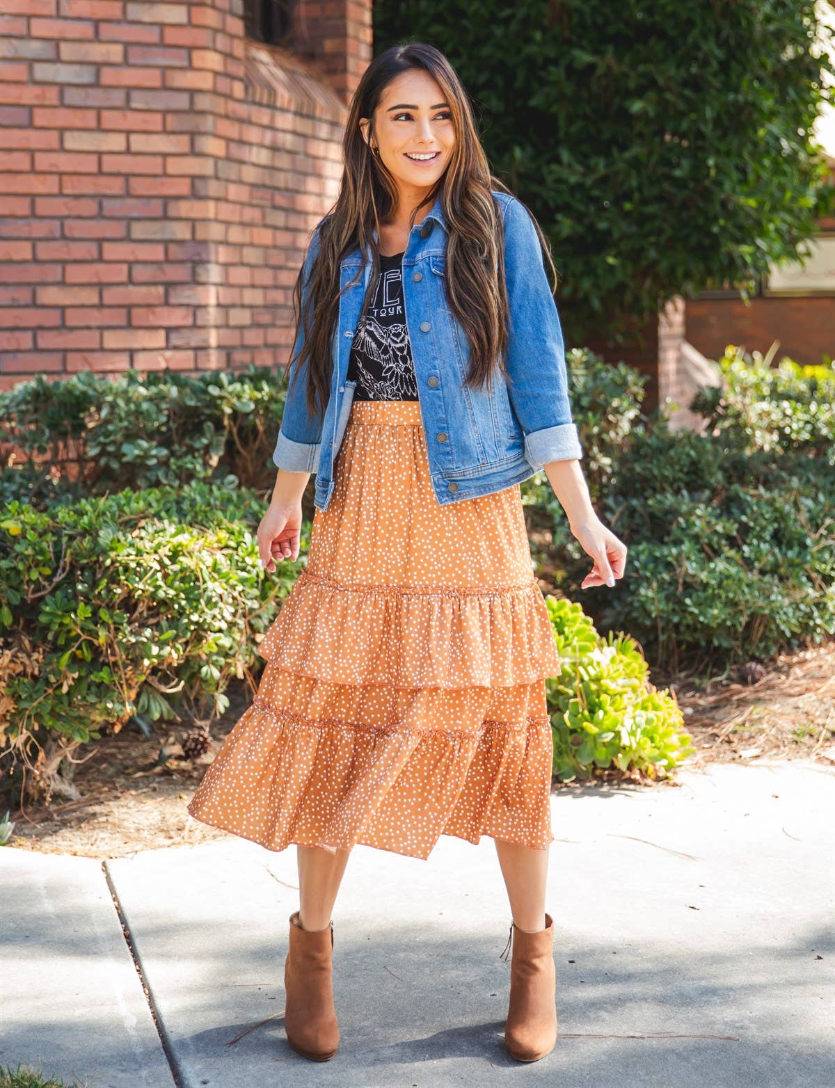Ruffle Tiered Midi Raven Skirt: Dot Gold / X-Large