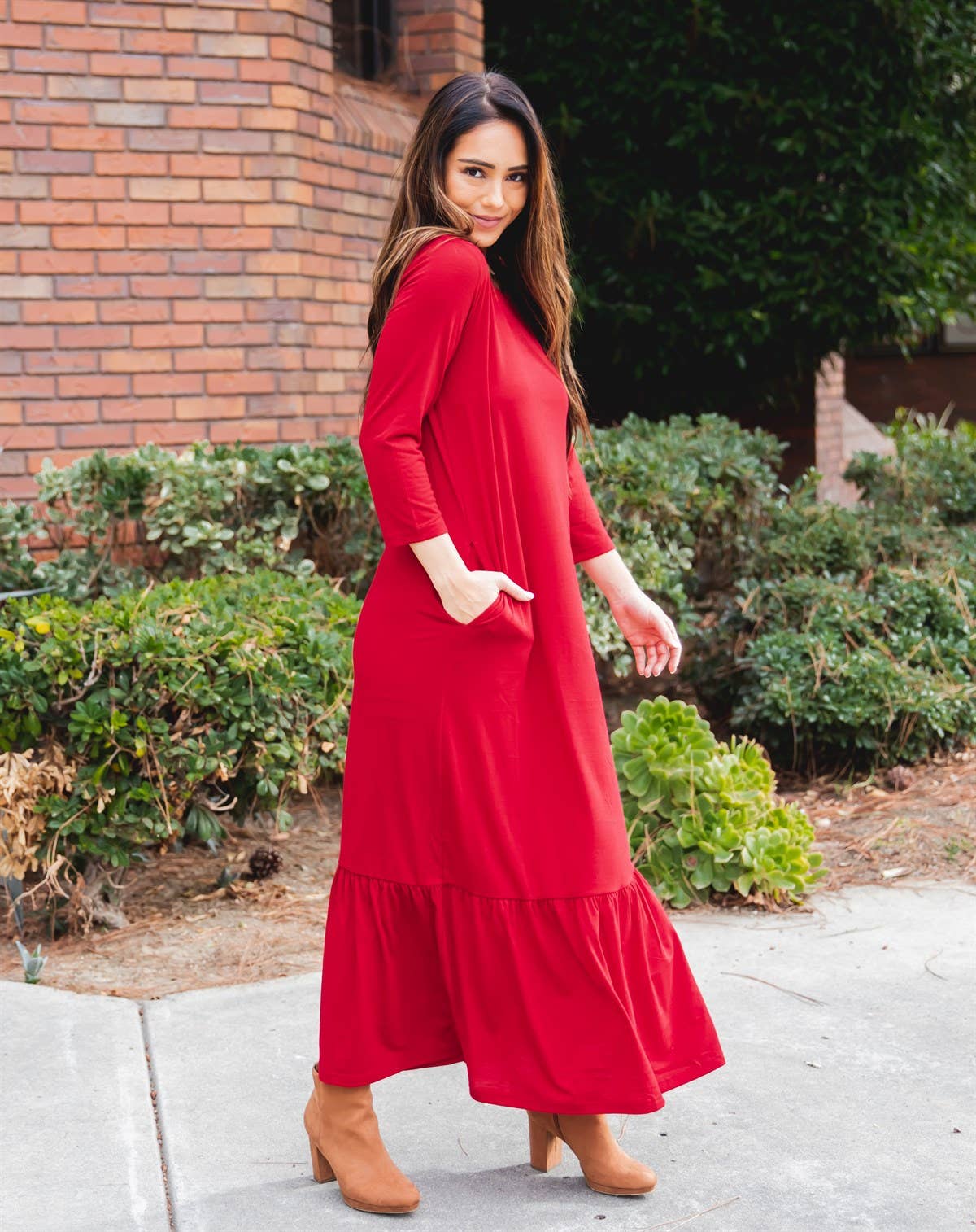 3/4 Sleeve Maxi Sander Dress: Green / Large