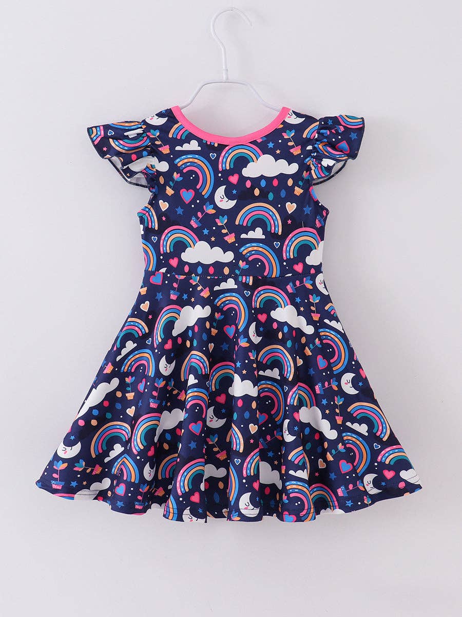 Spring Kids Clothing Blue Rainbow Cloud Ruffle Girl Dress: 3Y