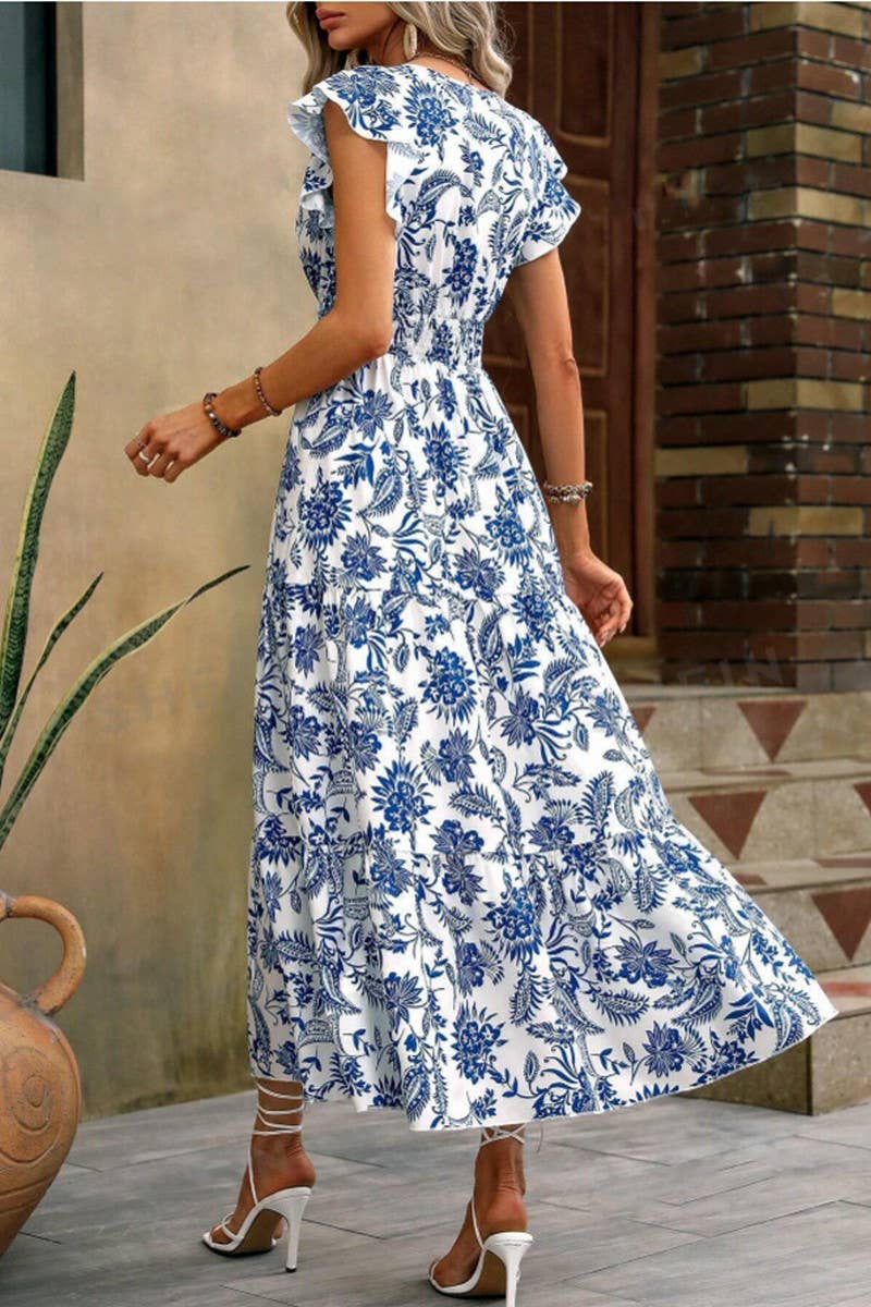 FLORAL PRINT DRESS WITH BUTTERFLY SLEEVES HEMMED: BLUE / (L) 1