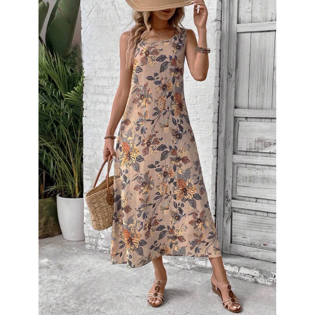 Summer Sleeveless Floral Print Round Neck Dress ZK2695: Multi / S