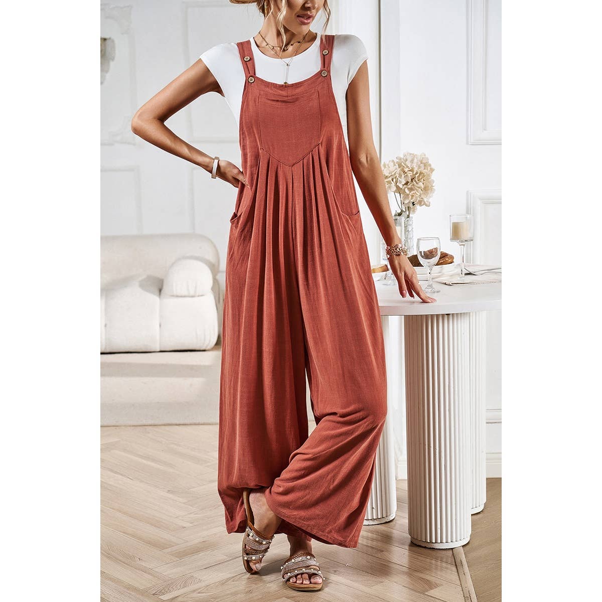 Button Detail Wide Leg Overall Pockets Jumpsuit: Rust / S