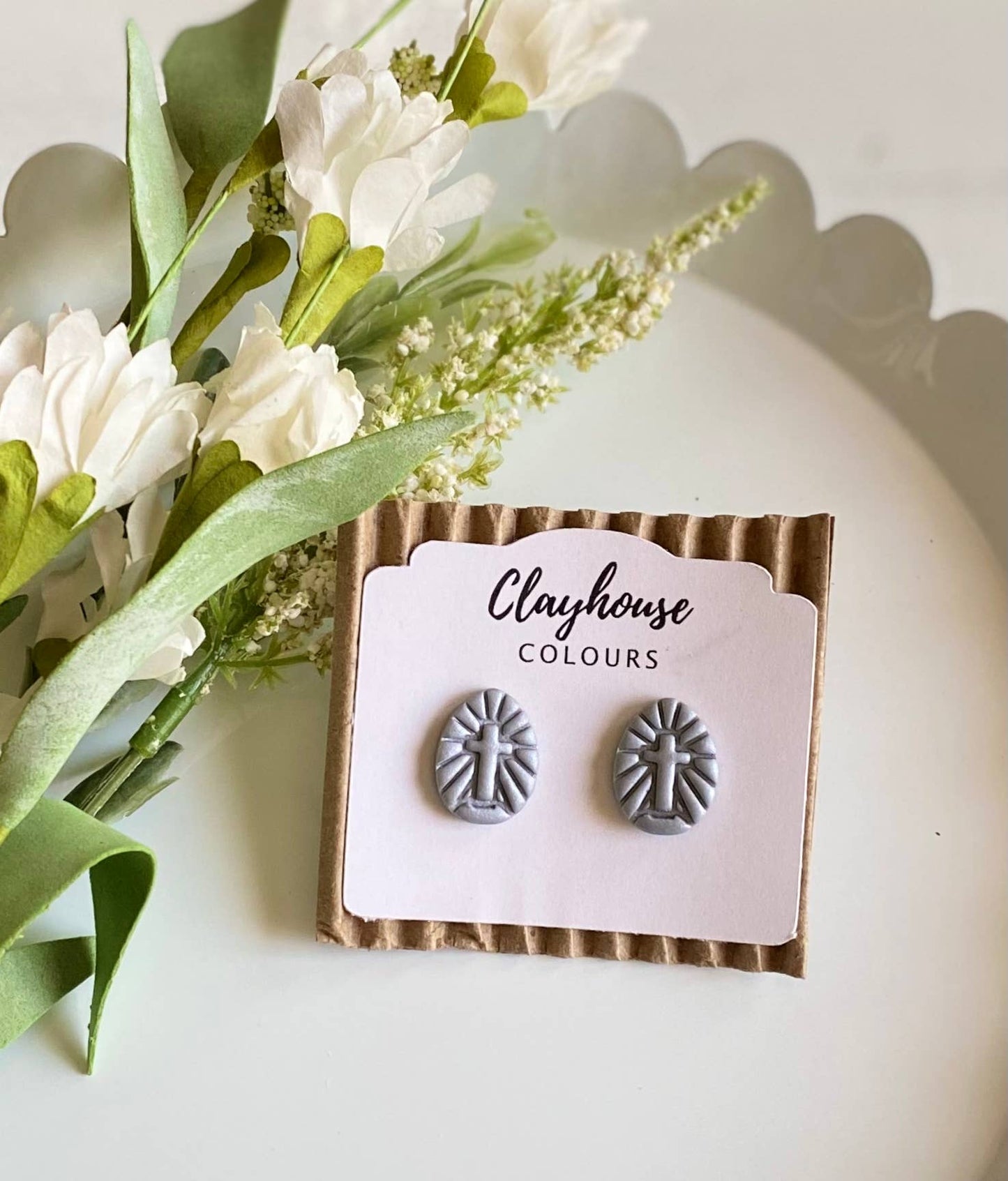 Cross Clay Studs: Pearl
