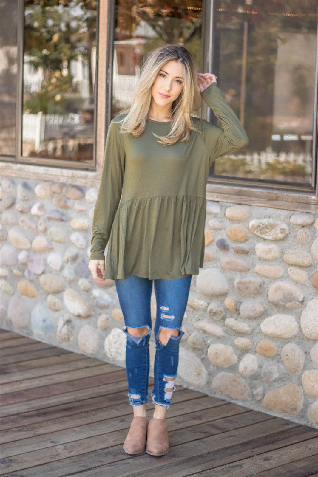 Long Sleeve Peplum Evelyn Top: Olive Green / Medium