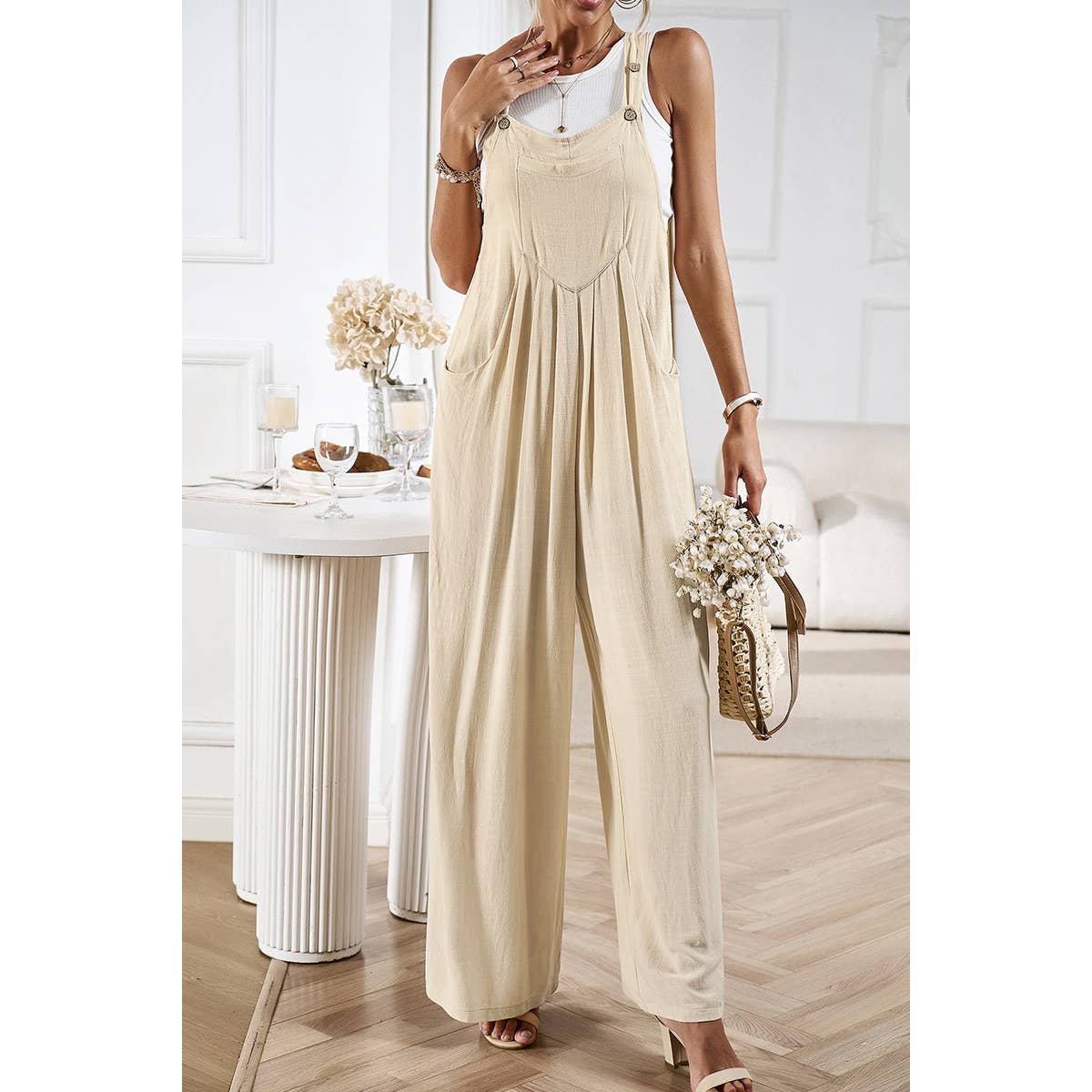 Button Detail Wide Leg Overall Pockets Jumpsuit: Rust / S
