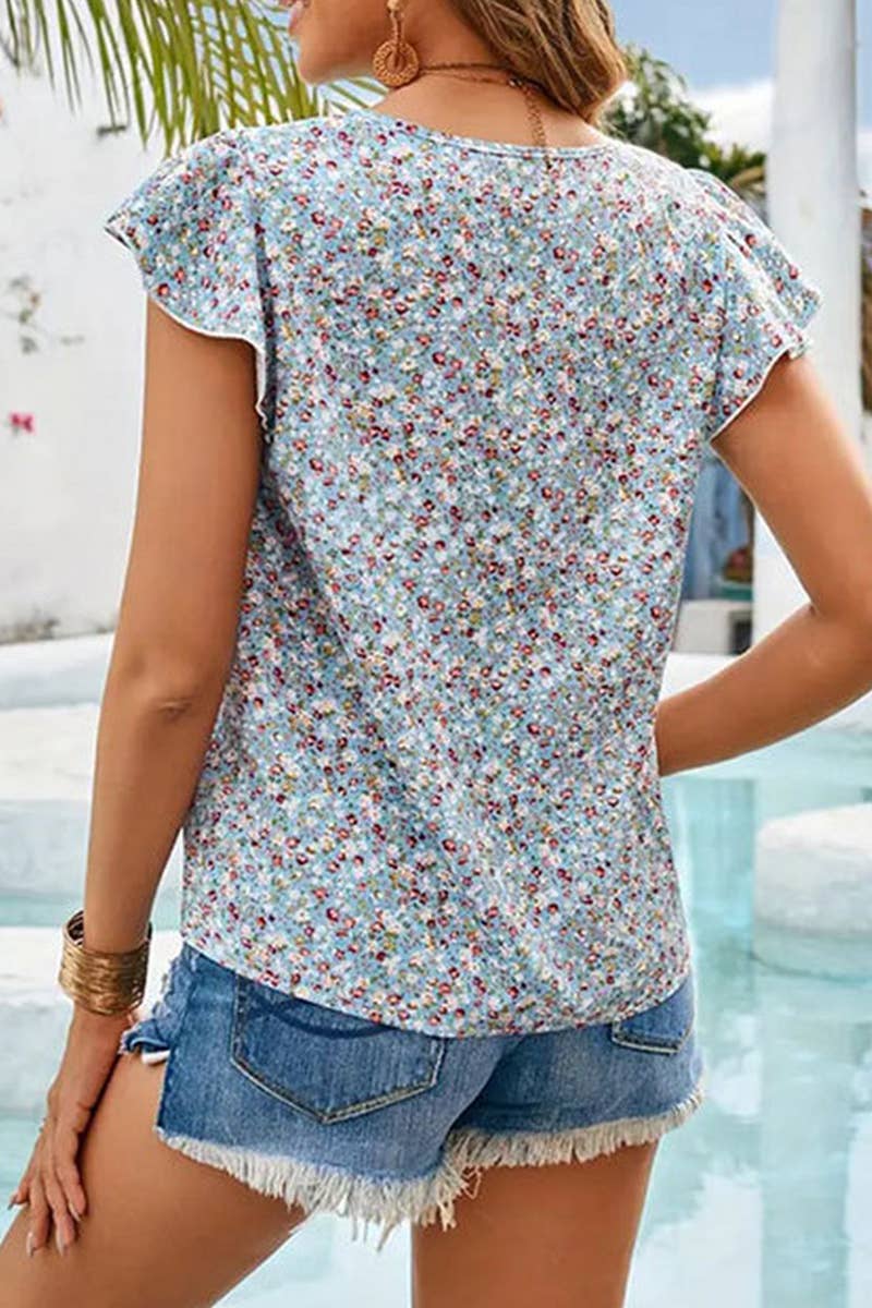 CWTTSL0345_SUMMER FLORAL LACE RUFFLE SLEEVE TOP: LIGHTBLUE / (XL) 1
