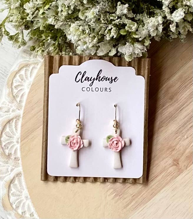 Cross Clay Earrings : Cross with Flower