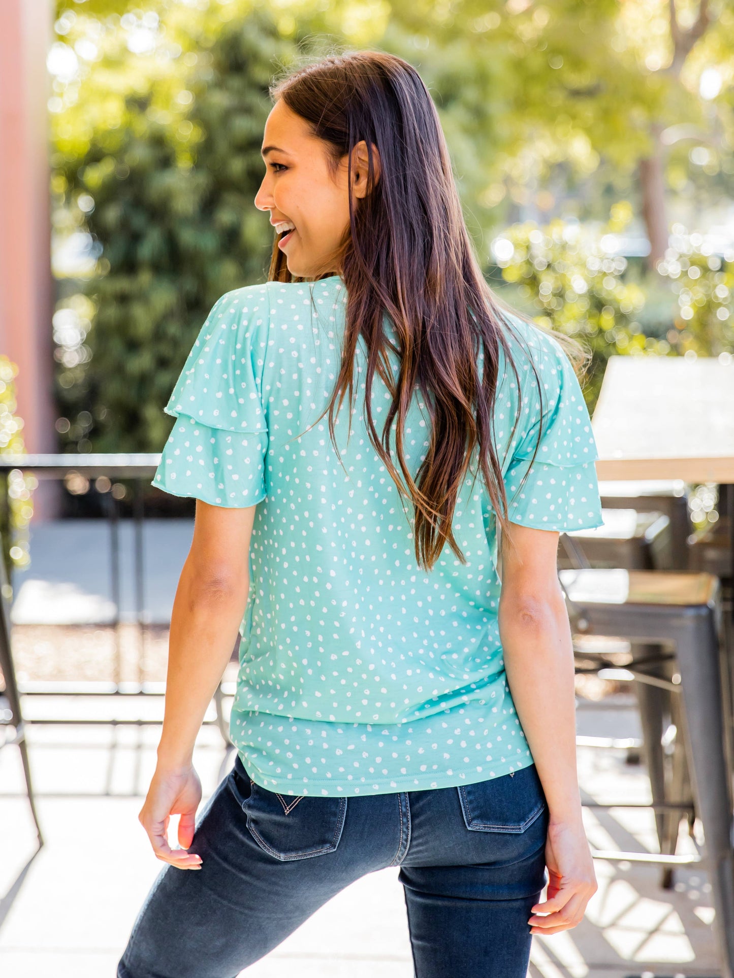 May Ruffle Sleeve Top: Dot Mint Green / Large