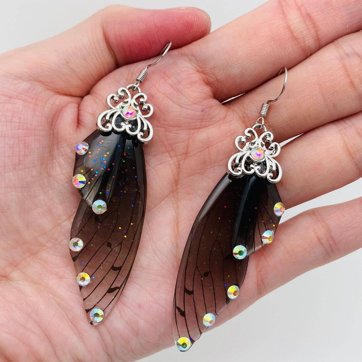 Handmade Fairy Wings Earrings Insect Butterfly Wing: Silver Green Pink