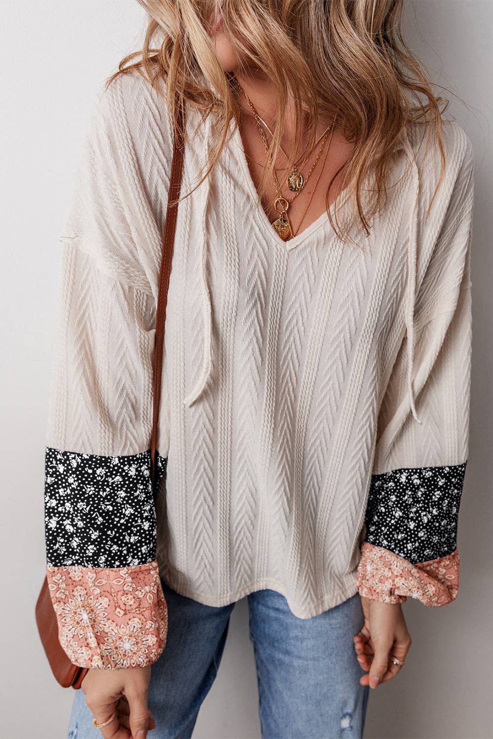 Floral Patchwork Textured Knit Drawstring V Neck Blouse: Beige / 97%Polyester+3%Elastane / S