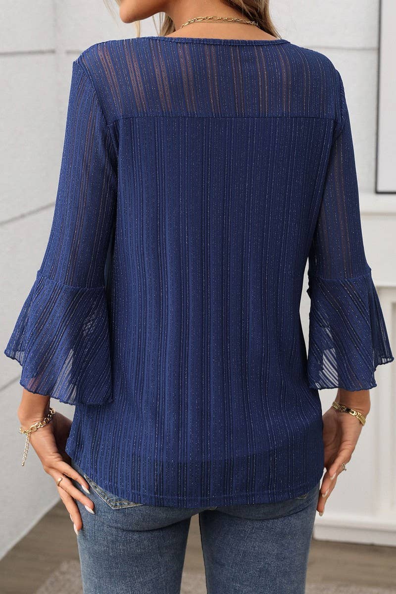 CWTBLL3696_ROUND NECK RUFFLE SLEEVE GLITTER MESH TOP: NAVY / (L) 1