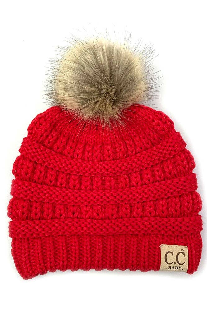 C.C Solid Ribbed Infant Natural Fur Pom Beanie: Light Melange Gray