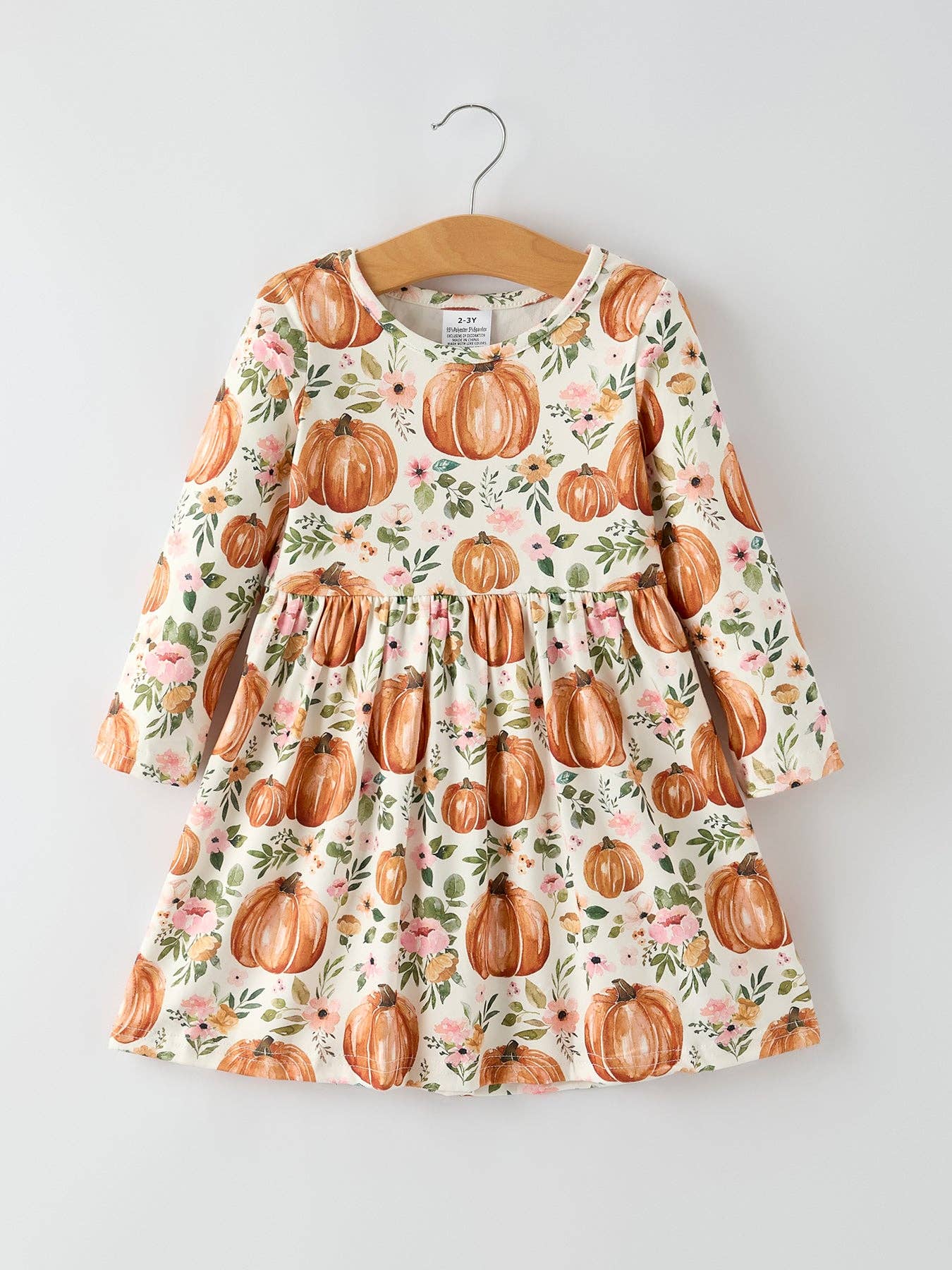 Fall Thanksgiving & Halloween Pumpkin Floral Print Long Sleeve Dress(2pcs): 5/6Y