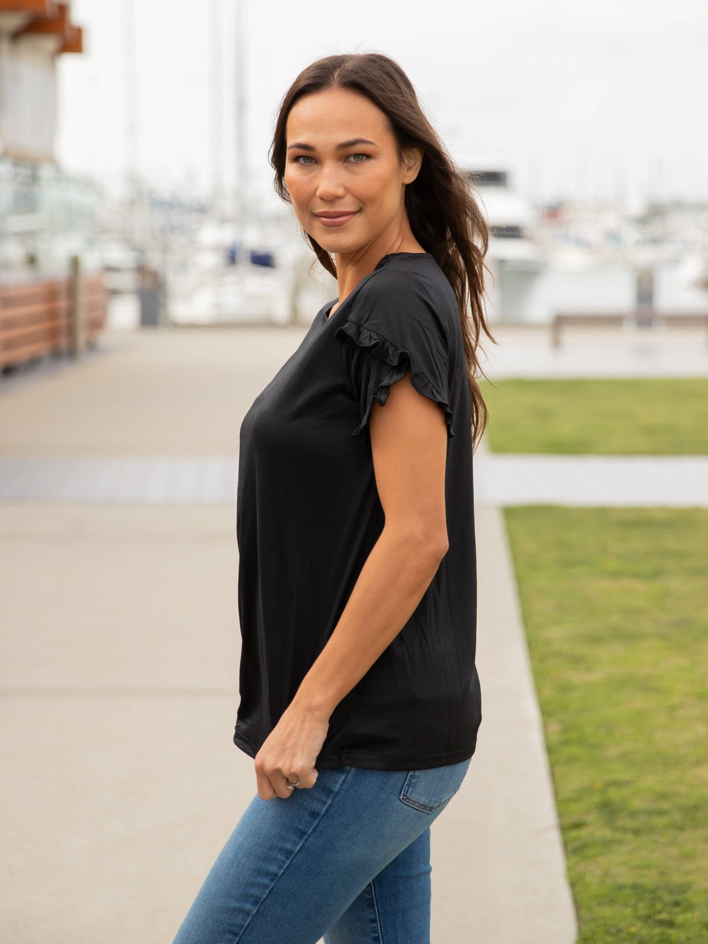 Ruffle Detail Short Sleeve Top: Tan / Large