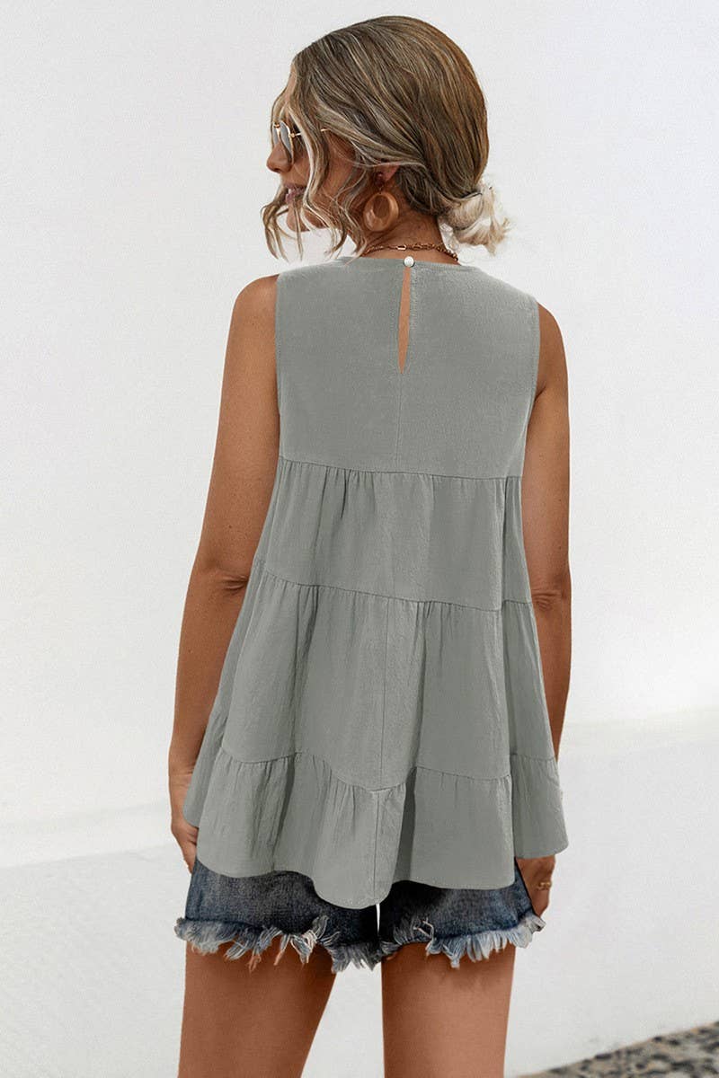 CWTBLS1597_LOOSE ROUND NECK SLEEVELESS VEST WITH LARGE SWING: GREY / (L) 1