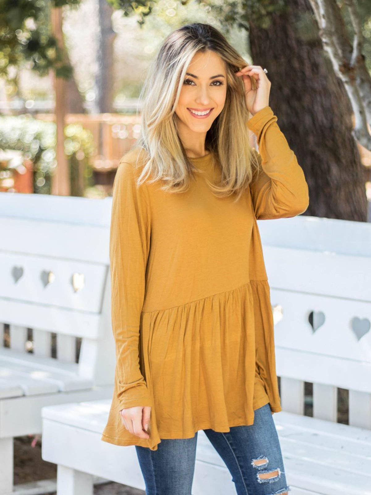 Long Sleeve Peplum Evelyn Top: Olive Green / Medium