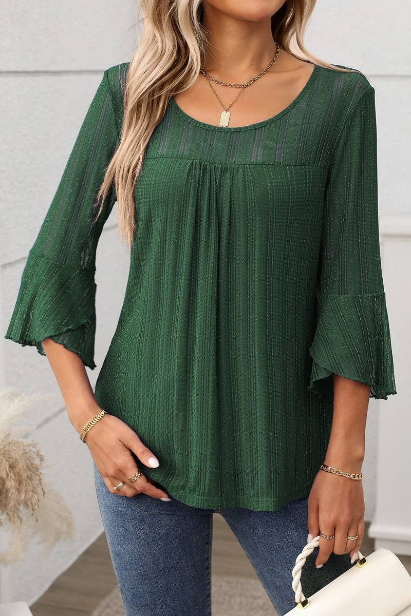 CWTBLL3696_ROUND NECK RUFFLE SLEEVE GLITTER MESH TOP: NAVY / (L) 1