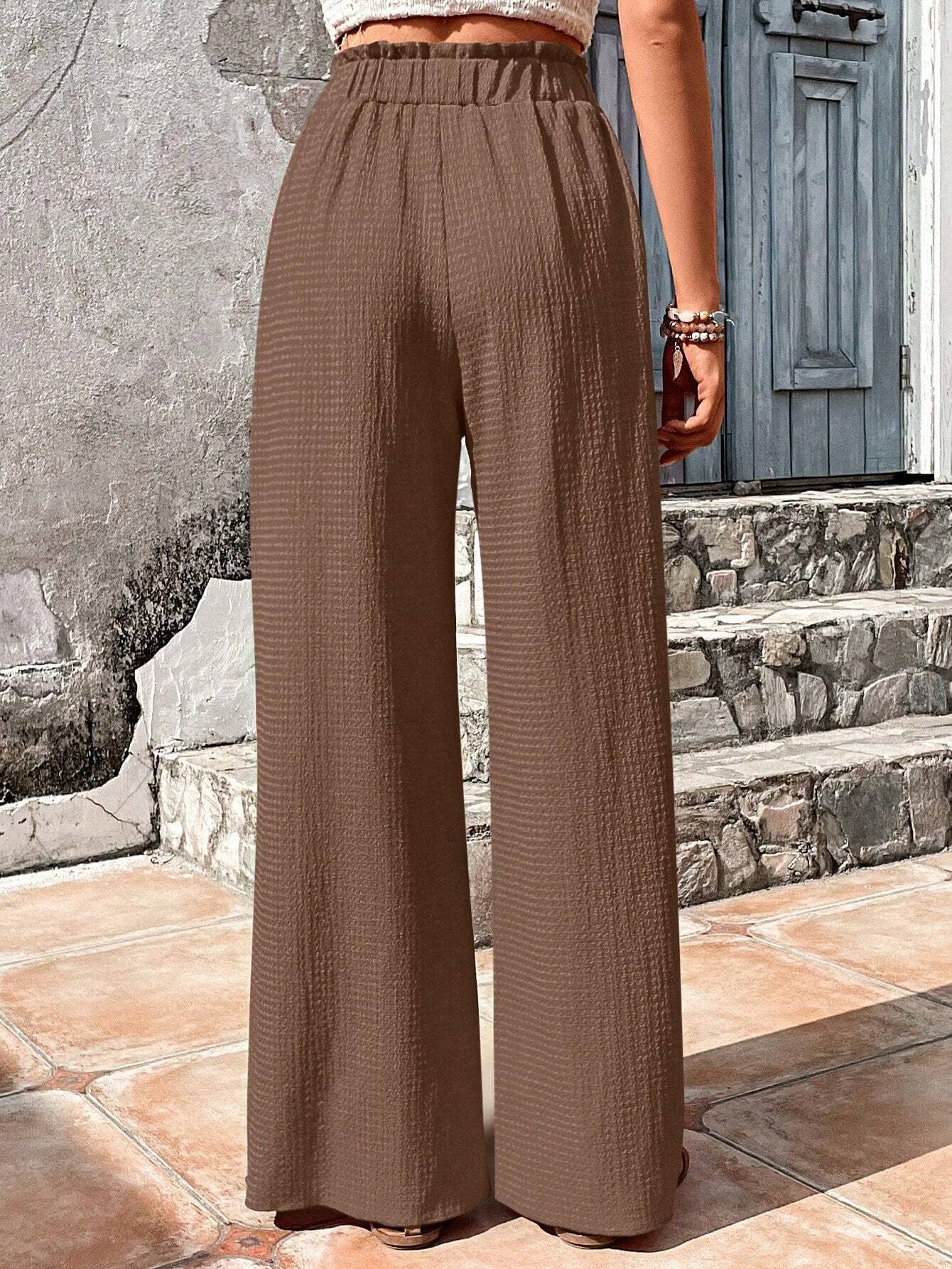 ASSORTED BUBBLE PLAID CASUAL WIDE-LEG PANTS: PEAGREEN / (L) 1