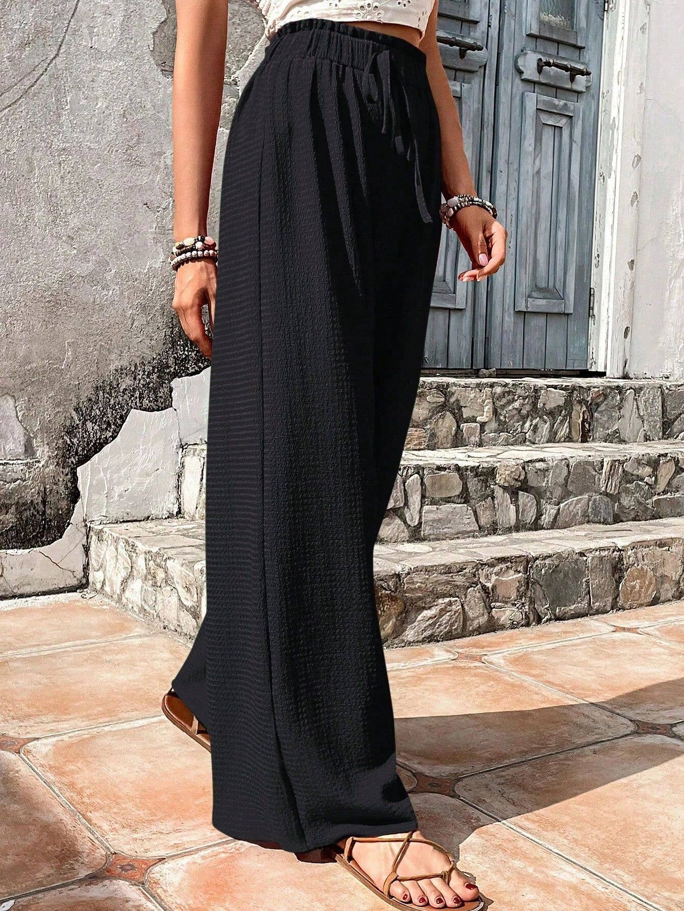 ASSORTED BUBBLE PLAID CASUAL WIDE-LEG PANTS: PEAGREEN / (L) 1