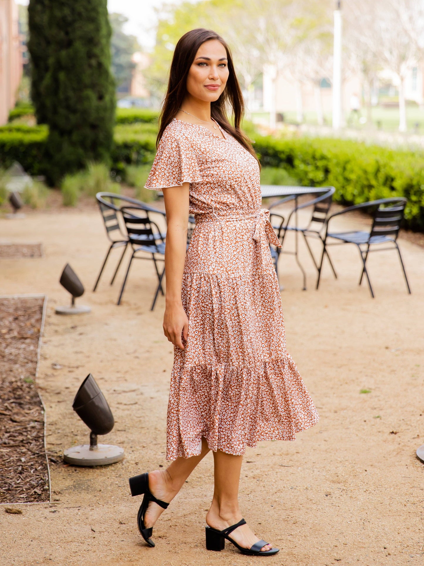 Tiered Tie Waist Stevie Dress: Floral Red Orange / Small