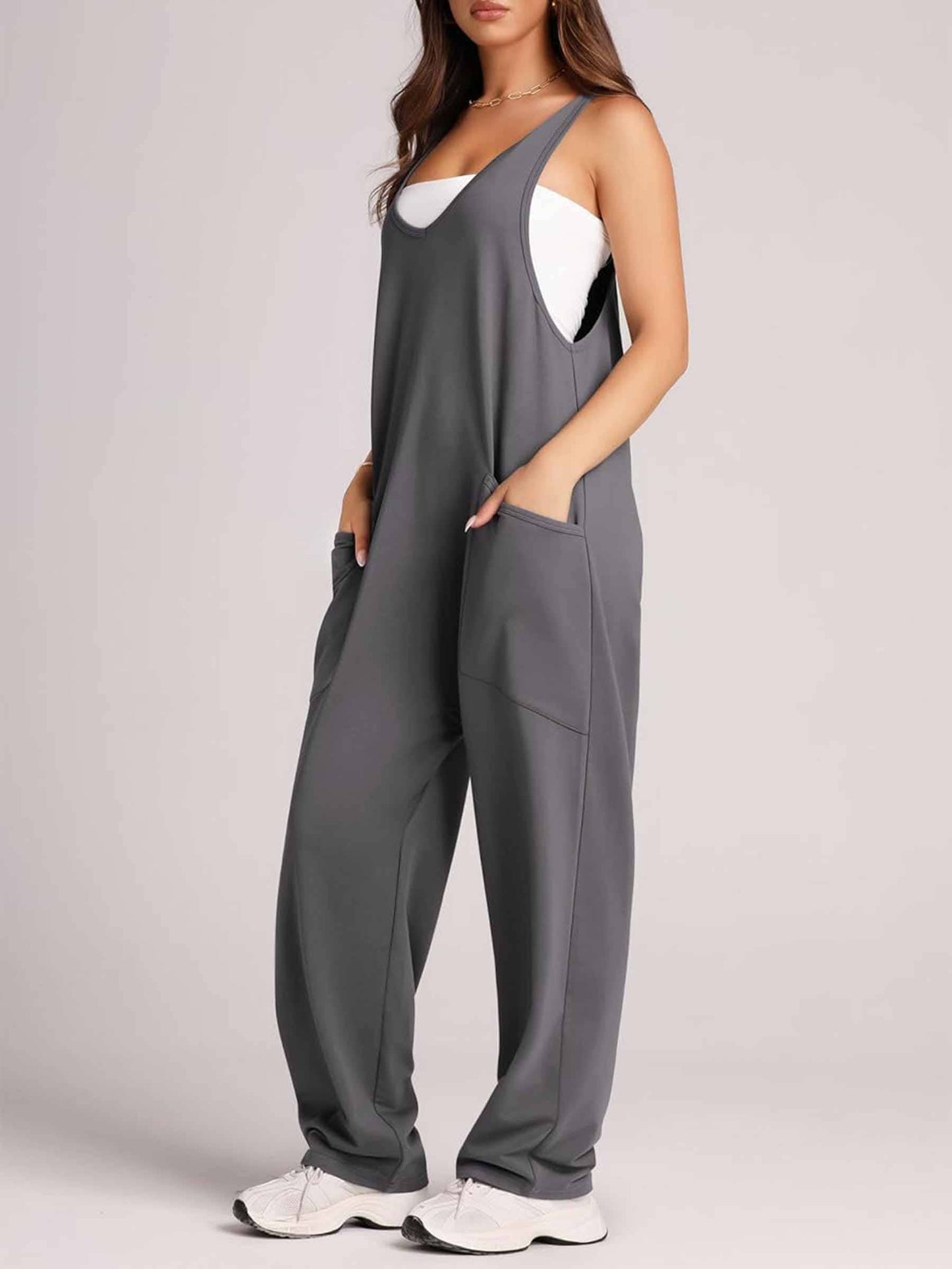 Pocket Sleeveless Knit Jumpsuit Pants: Gray / M