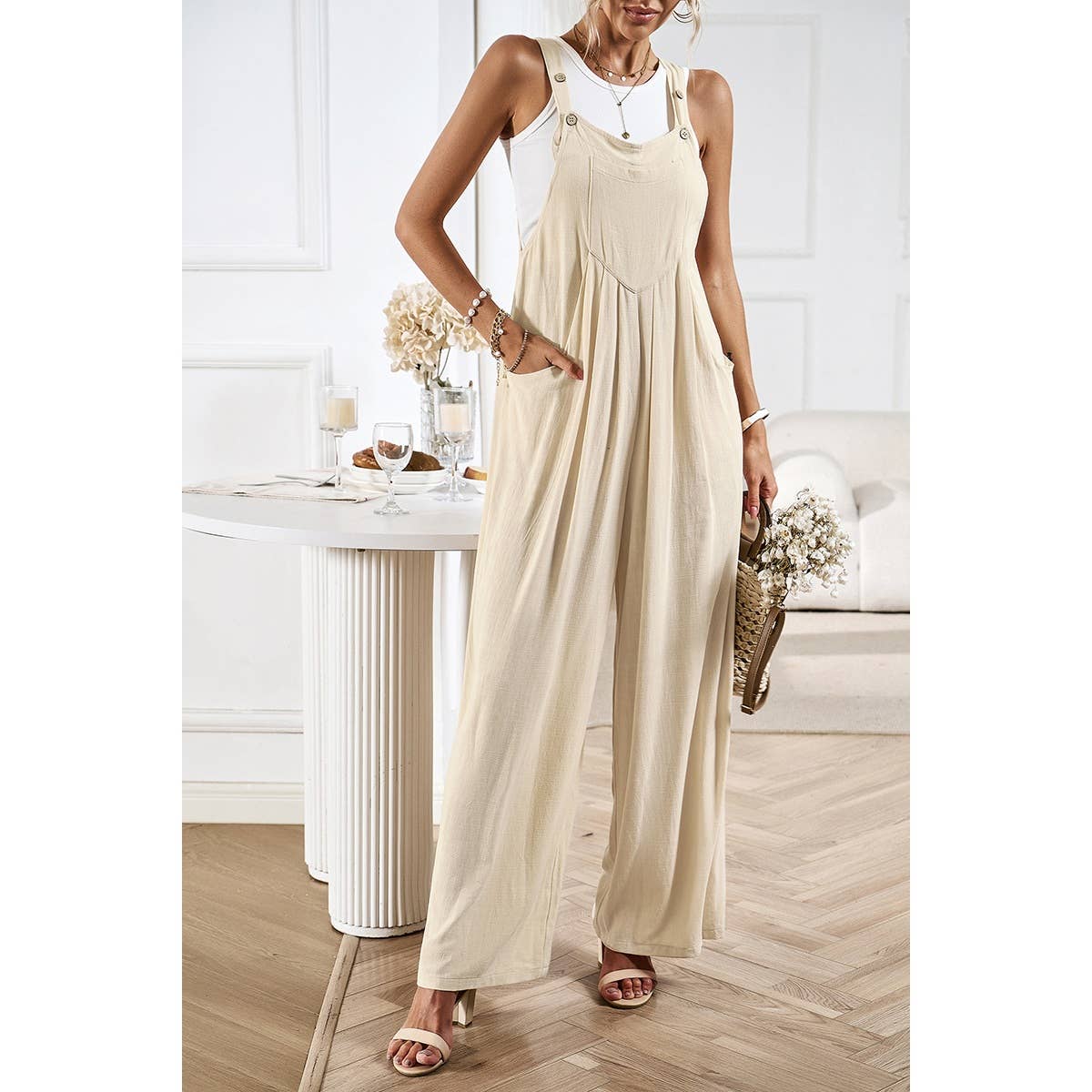 Button Detail Wide Leg Overall Pockets Jumpsuit: Rust / M