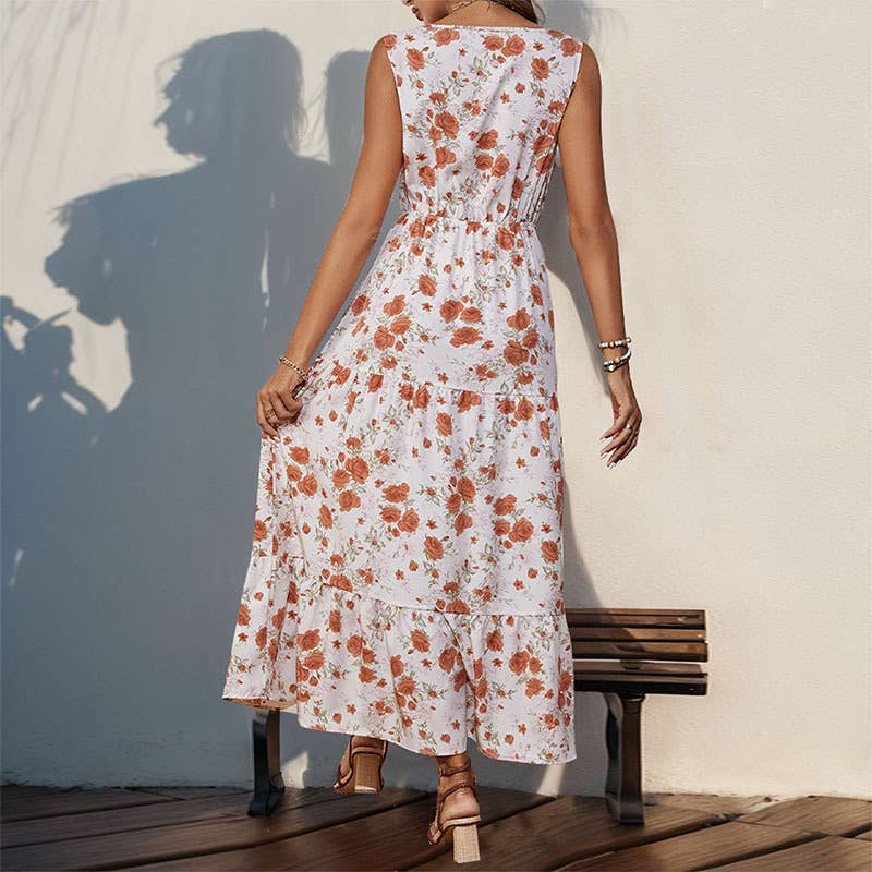V-neck printed high waist waist long swing dress: BLUE / (L) 1