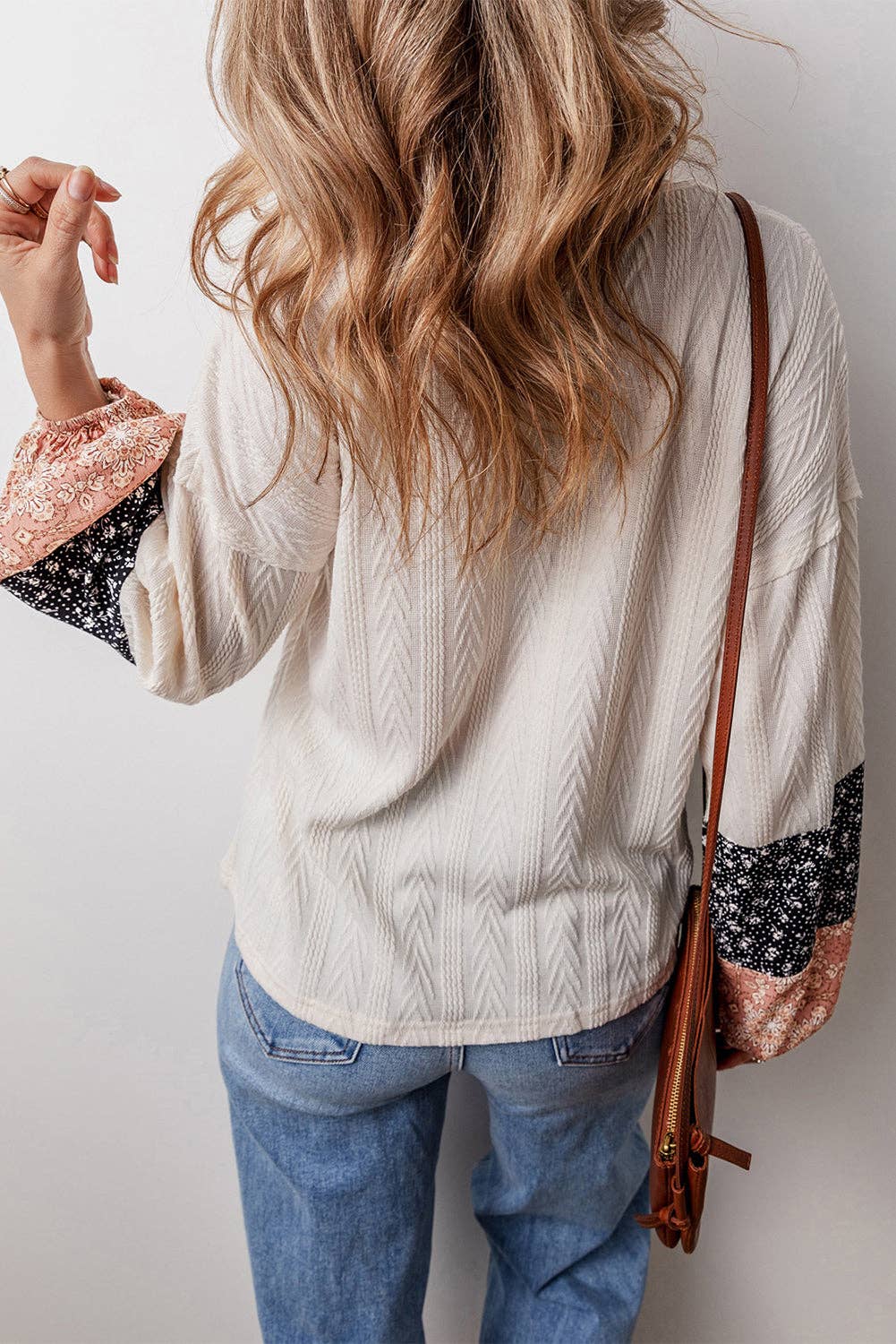 Floral Patchwork Textured Knit Drawstring V Neck Blouse: Beige / 97%Polyester+3%Elastane / M