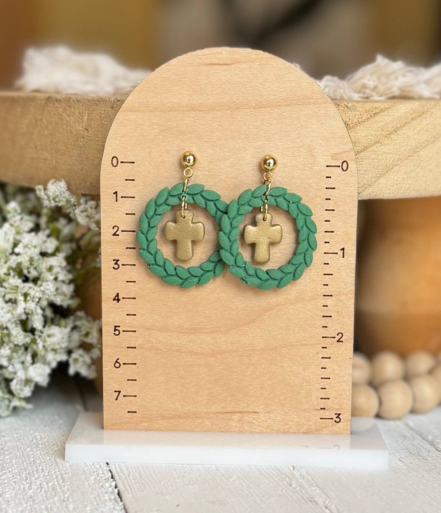 Cross Clay Earrings : Cross with Flower