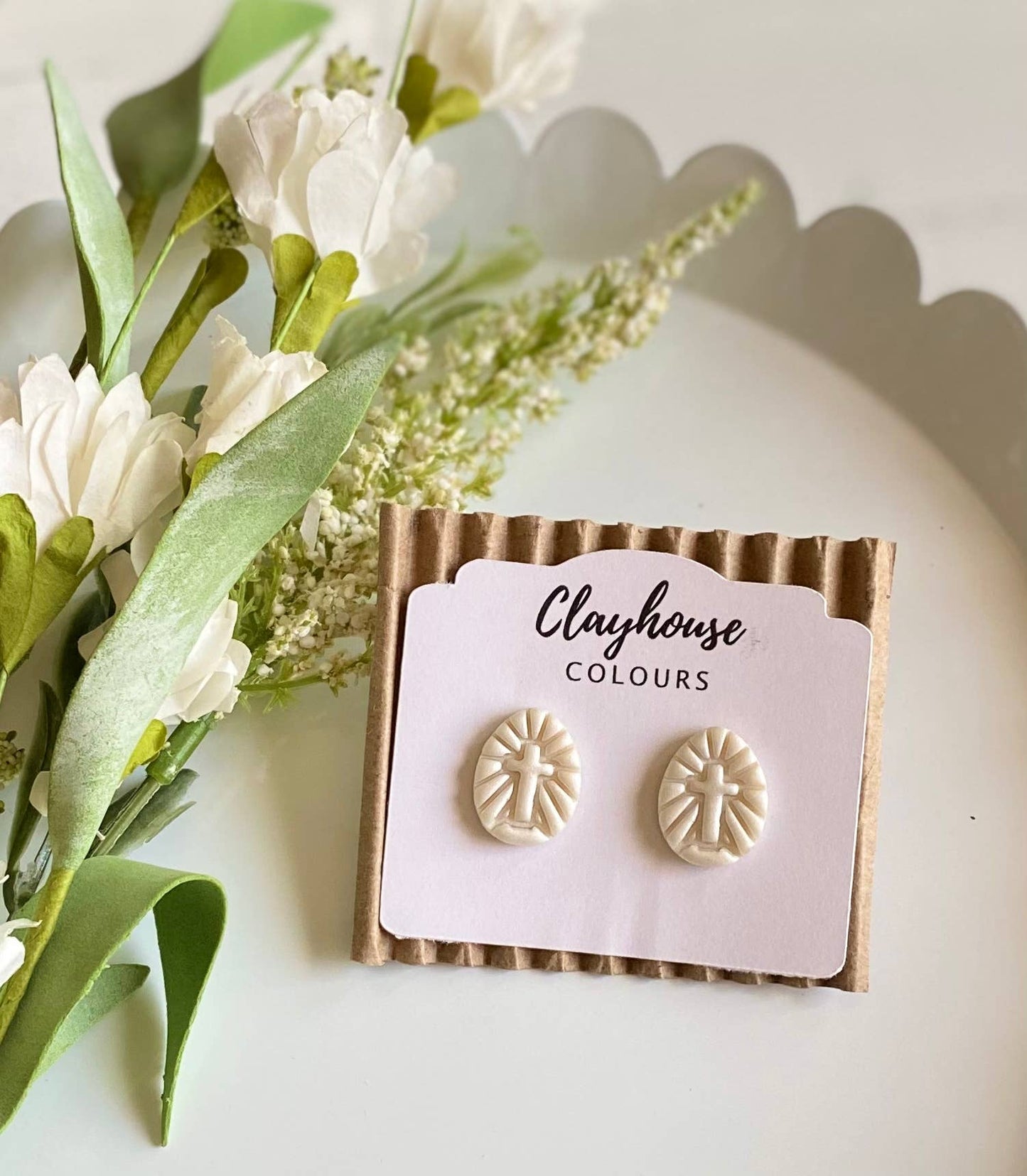 Cross Clay Studs: Pearl