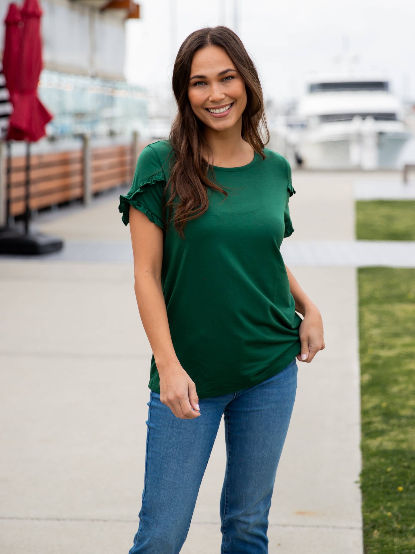 Ruffle Detail Short Sleeve Top: Tan / Medium