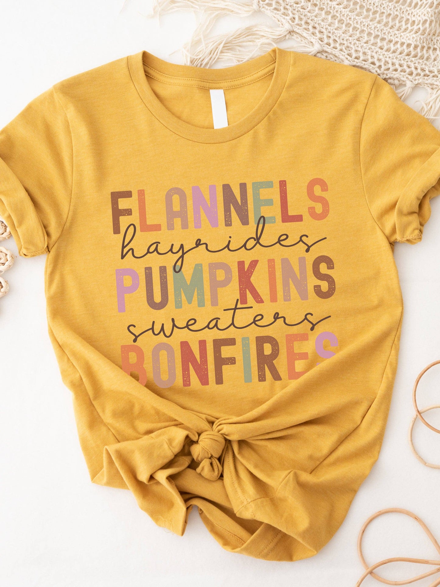 Flannels Pumpkin Bonfires Fall Things Graphic Tee: Peach / Small