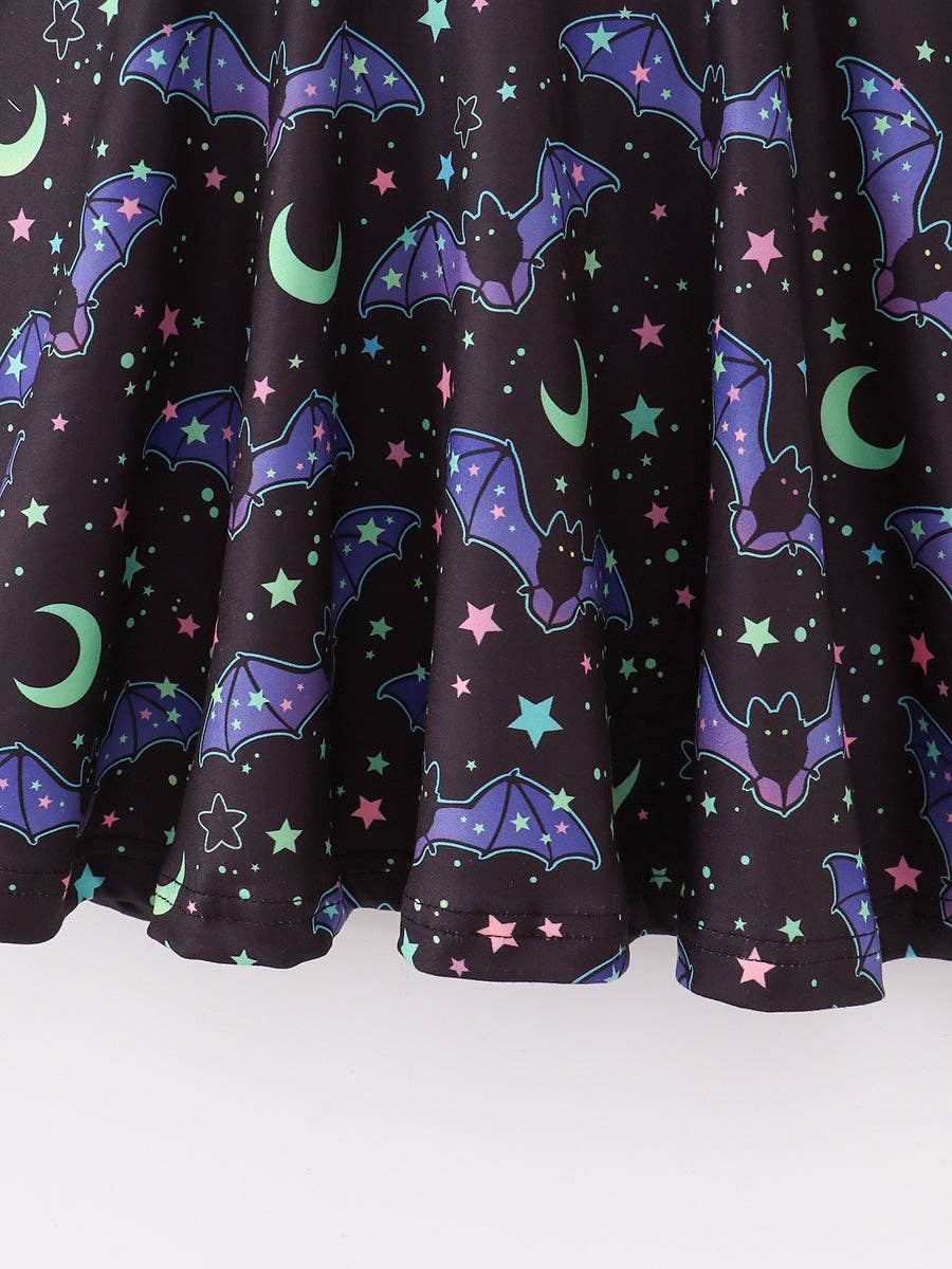 Fall 2024 Halloween Black Bat Crescent Moon Girl Dress: 3Y