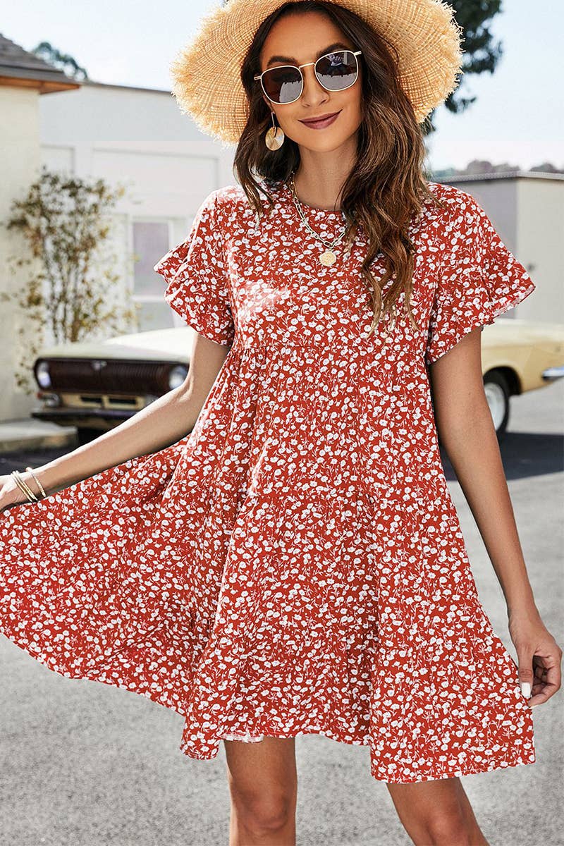 CWDSD1377_MULTI PATTERNED RUFFLE SLEEVE MIDI DRESS: GREEN / (M) 1