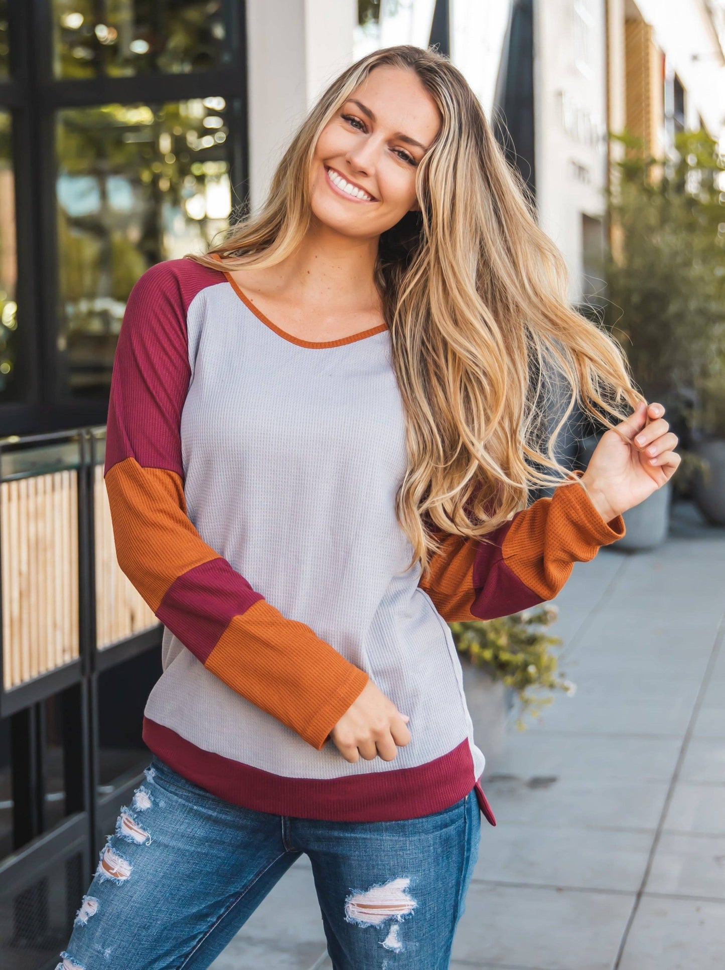 Contrast Sleeve Waffle Knit Top: Peach Gray White / Medium