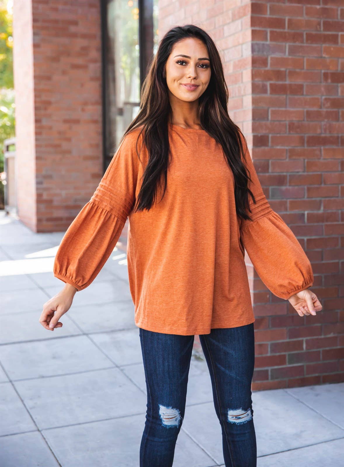 3/4 Pleated Sleeve Casey Top: Orange / Large