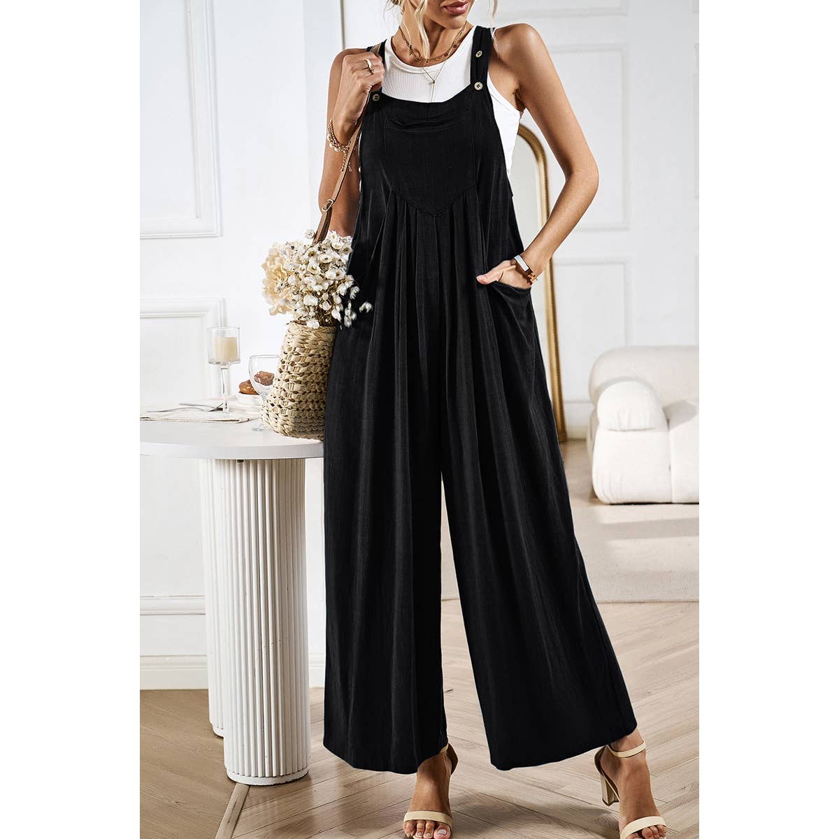 Button Detail Wide Leg Overall Pockets Jumpsuit: Rust / S