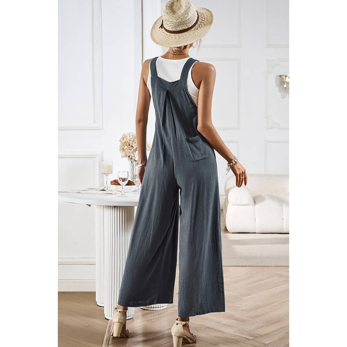 Button Detail Wide Leg Overall Pockets Jumpsuit: Rust / L