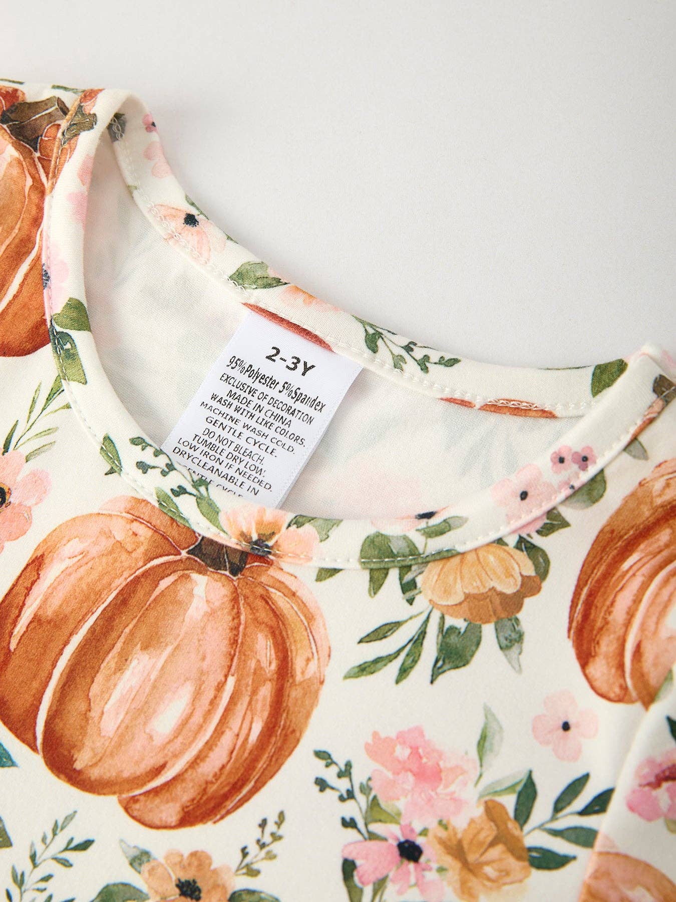 Fall Thanksgiving & Halloween Pumpkin Floral Print Long Sleeve Dress(2pcs): 7/8Y