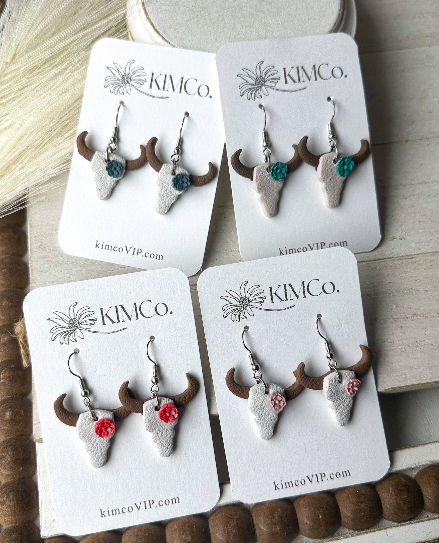 Polymer Clay Bull Skull Earrings: Coral