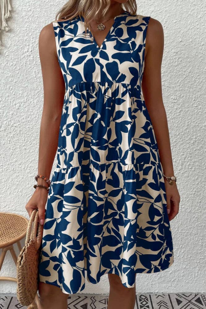 Sleeveless V Neck Flower Print Splicing Dress ZZKF764: Black / L