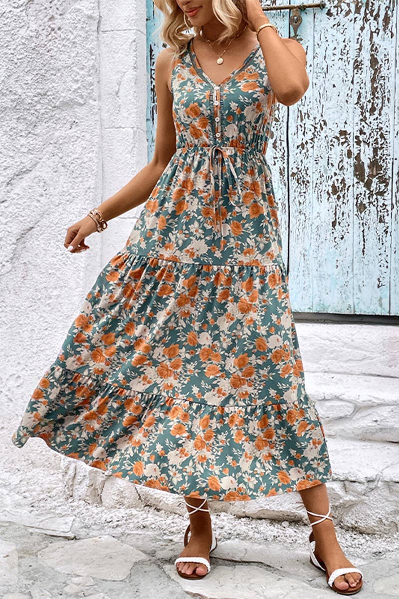 V-neck print loose high waist vest style long dress: BLUE / (M) 1