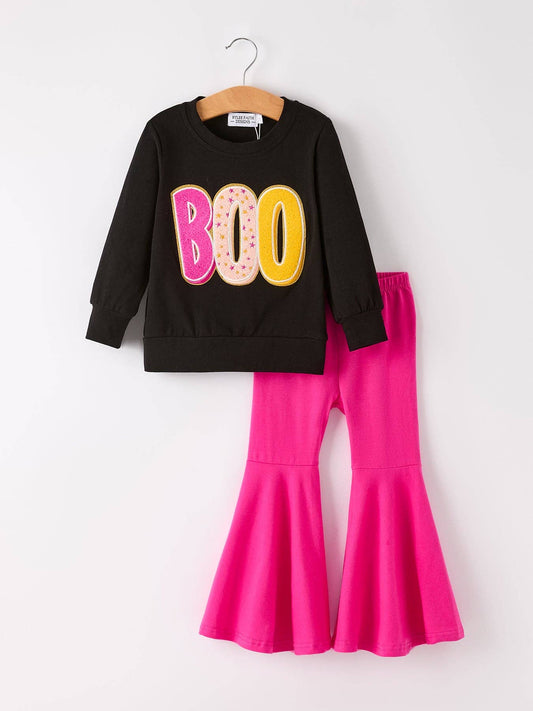 Halloween “BOO” Chenille Patches Girls Long Sleeve Set: 4