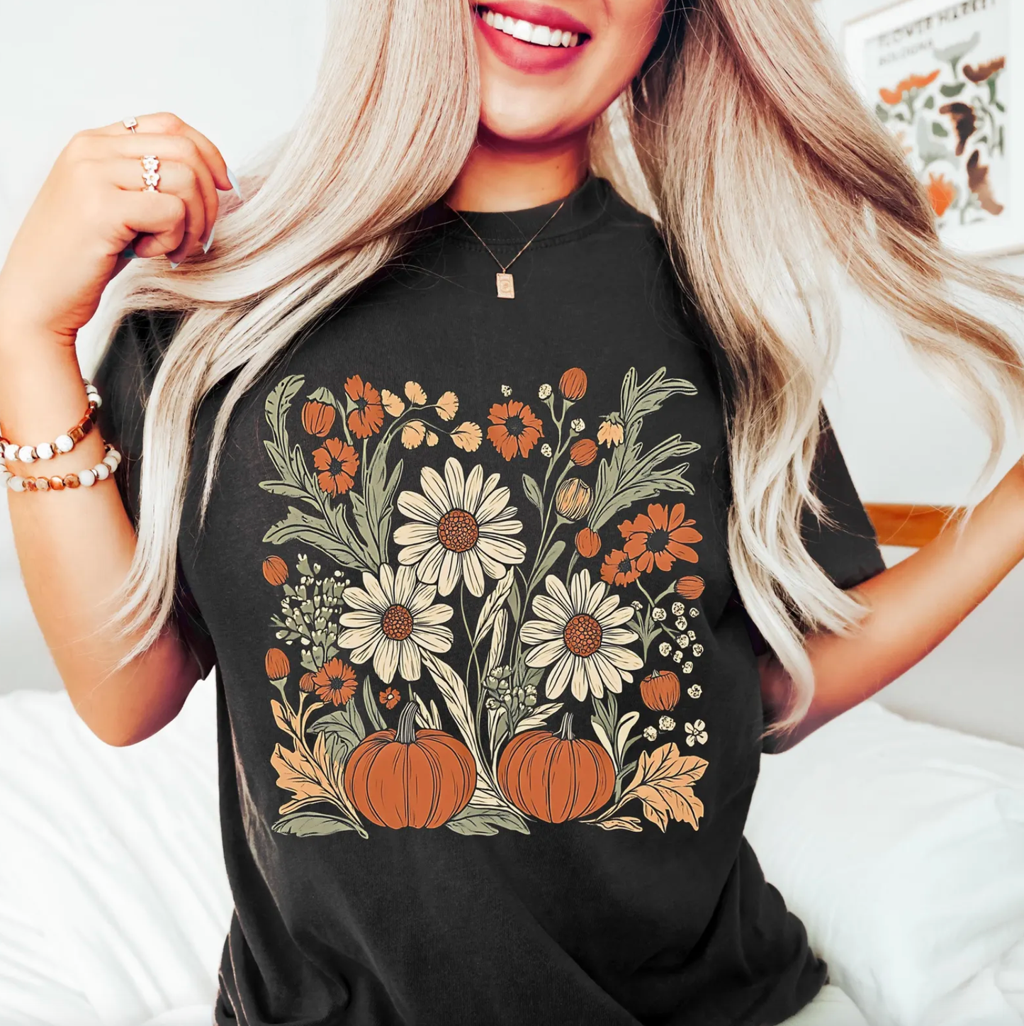 Boho Fall Floral Comfort Color Tee: Pepper / Large