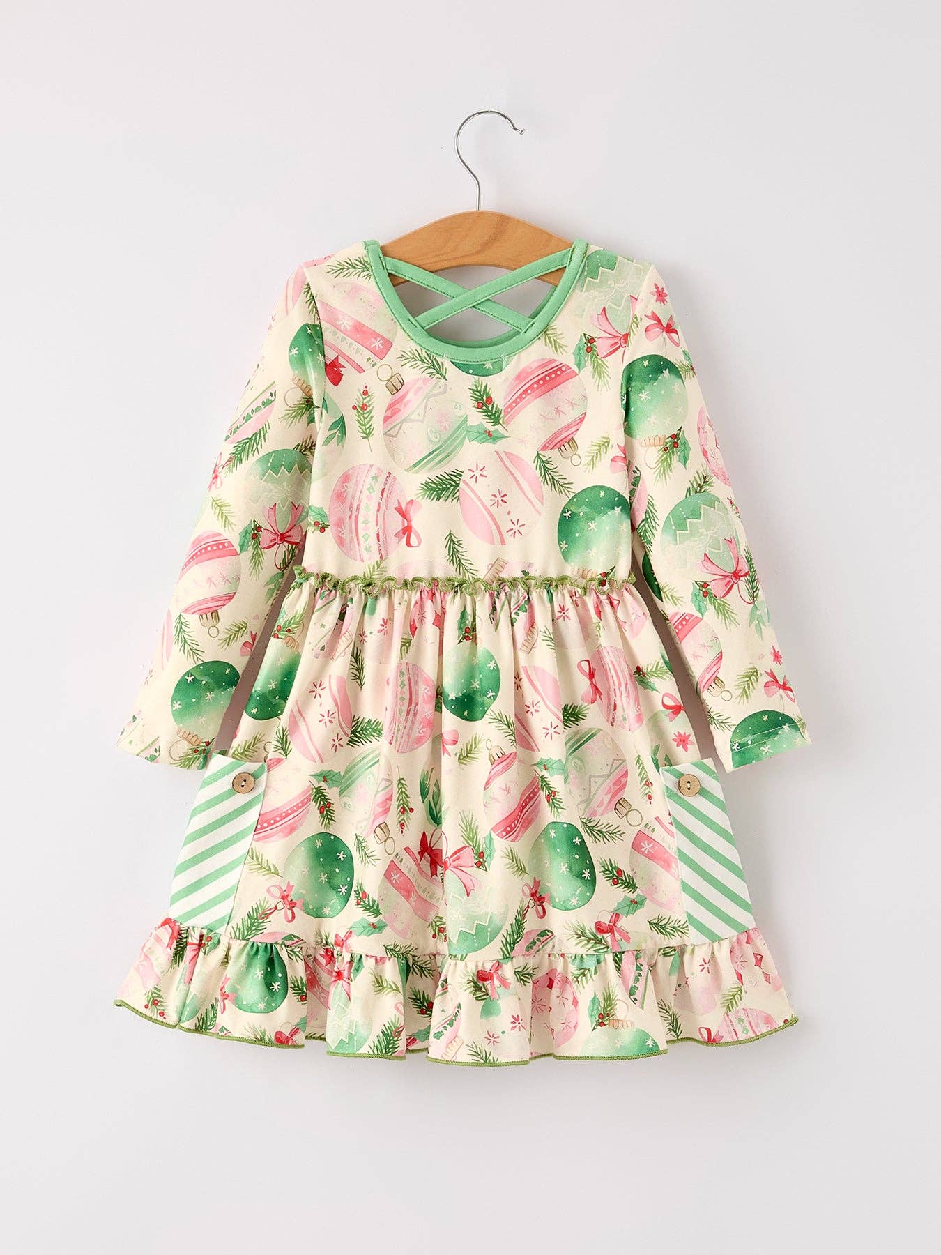 Winter Christmas Green Girls Pocket Dress: 7