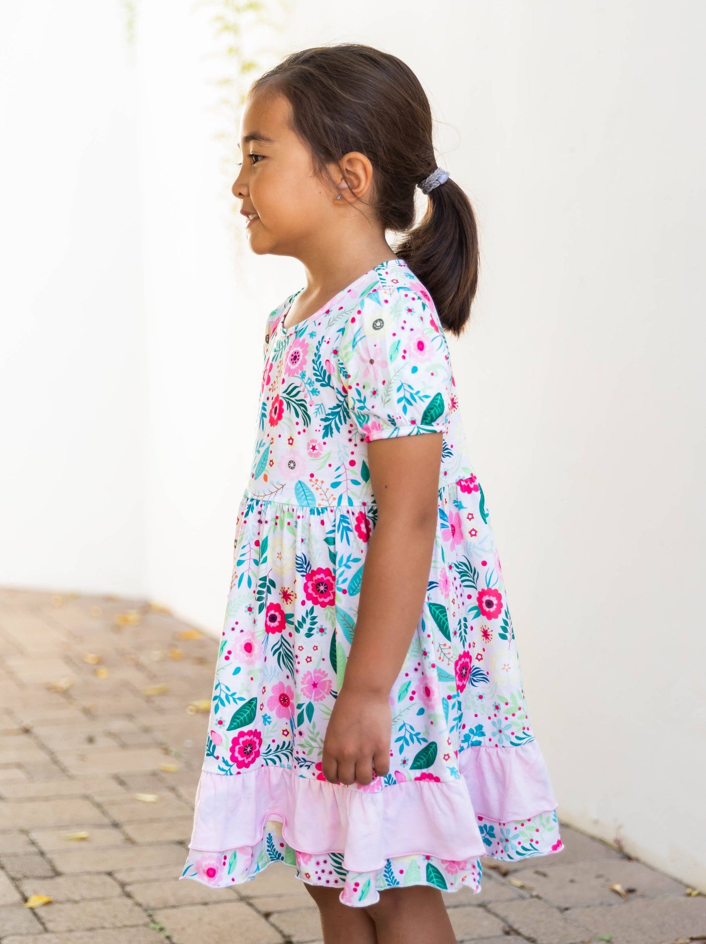 Contrast Ruffle Patterned Little Girl Dress: Multicolor Floral / XL - 8-9Y
